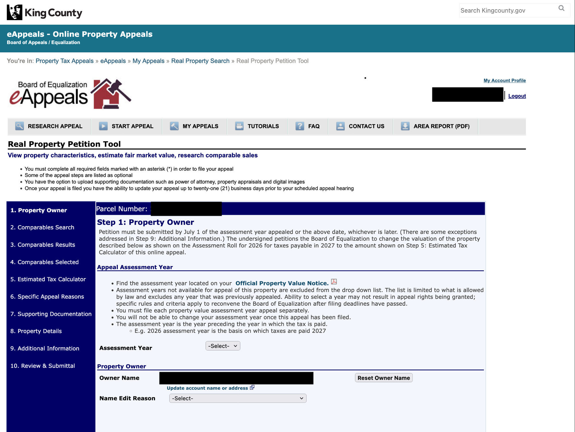 The King County eAppeals Real Property Petition Tool showing the ten-step appeal filing process